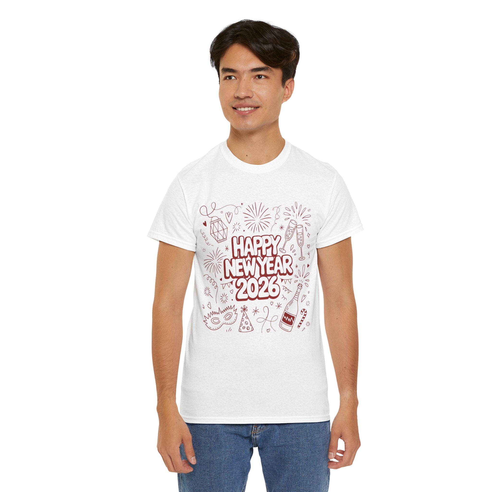 Happy New Year 2026 Doodle T-Shirt — Pink Party Icons & Champagne Unisex Cotton Tee
