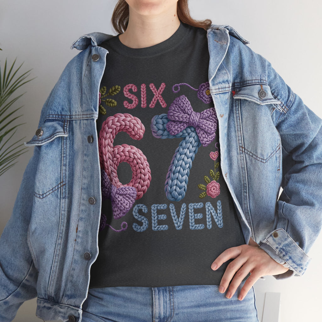 Pastel Crochet Numbers 6 & 7 Tee — Faux-Yarn Bows & Flowers. Unisex Cotton Tee