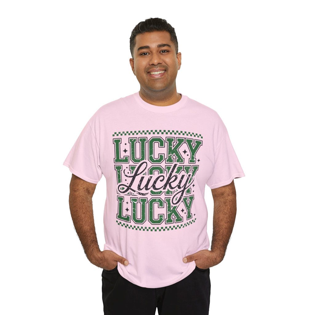 Lucky Varsity Tee — Layered Green ‘Lucky’ Graphic Unisex Cotton Tee