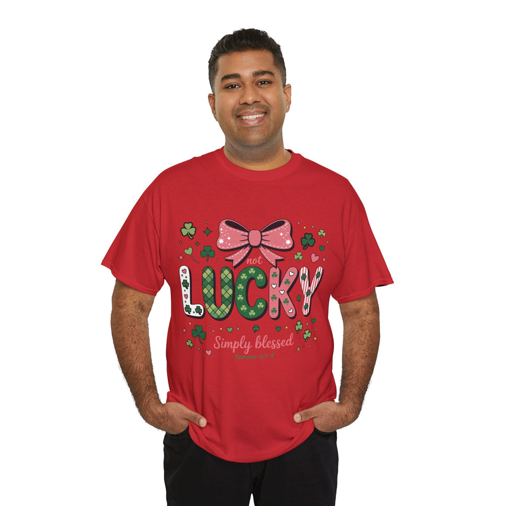 Simply Blessed Tee — “Not Lucky, Simply Blessed” with Pastel Bow, Clovers & Romans 4:7-8 Unisex Cotton Tee