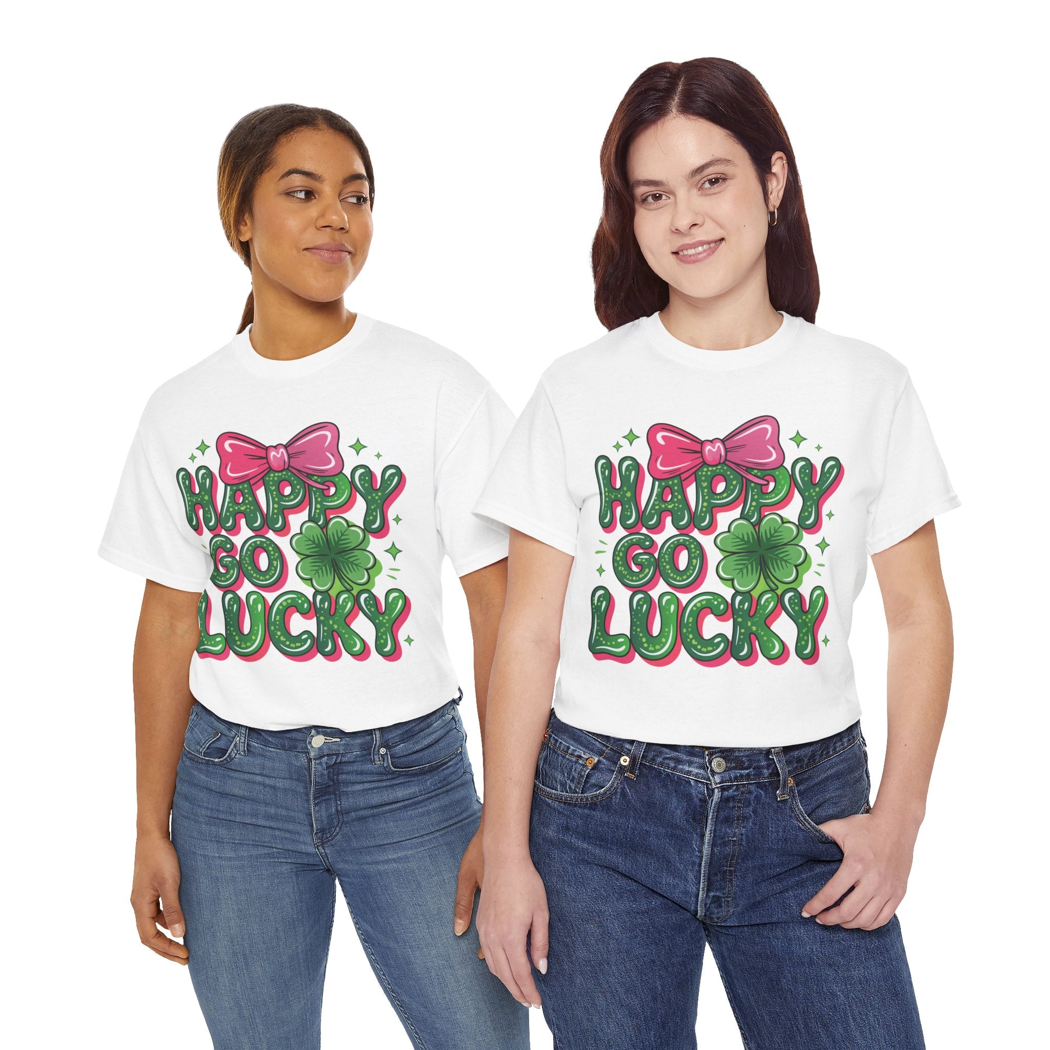 Happy Go Lucky Four-Leaf Clover Tee — Glossy Green Letters & Pink Bow Unisex Cotton Tee