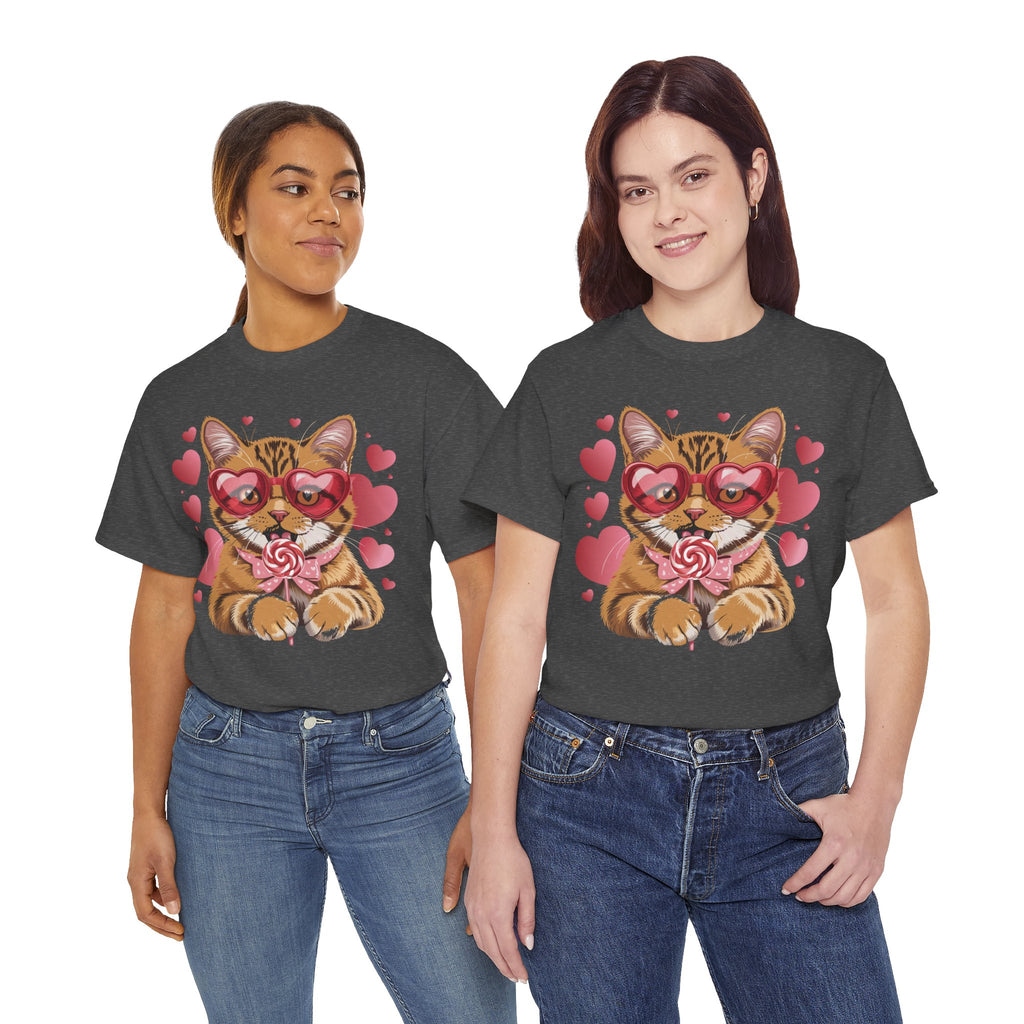 Valentine Cat Tee — Heart Glasses, Lollipop Bow Unisex Cotton Tee