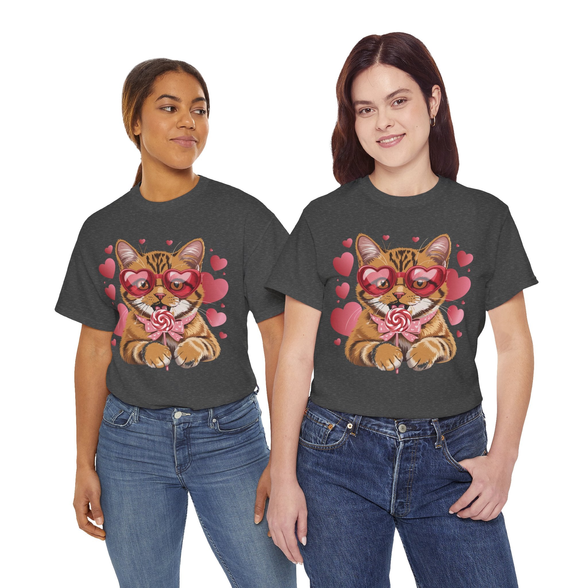 Valentine Cat Tee — Heart Glasses, Lollipop Bow Unisex Cotton Tee