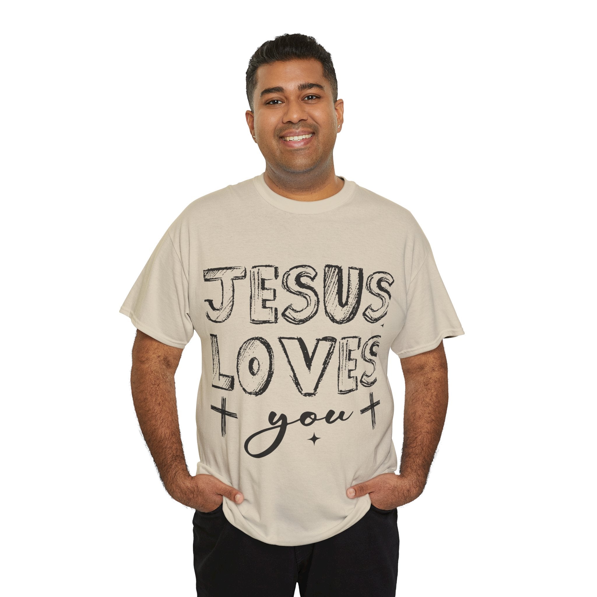 Jesus Loves You Chalk-Style Tee — Crosses & Stars Christian UNisex Cotton T-Shirt
