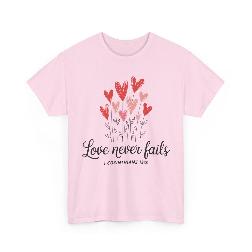 Christian Valentine T-Shirt — "Love Never Fails" (1 Corinthians 13:8) Unisex Cotton Tee
