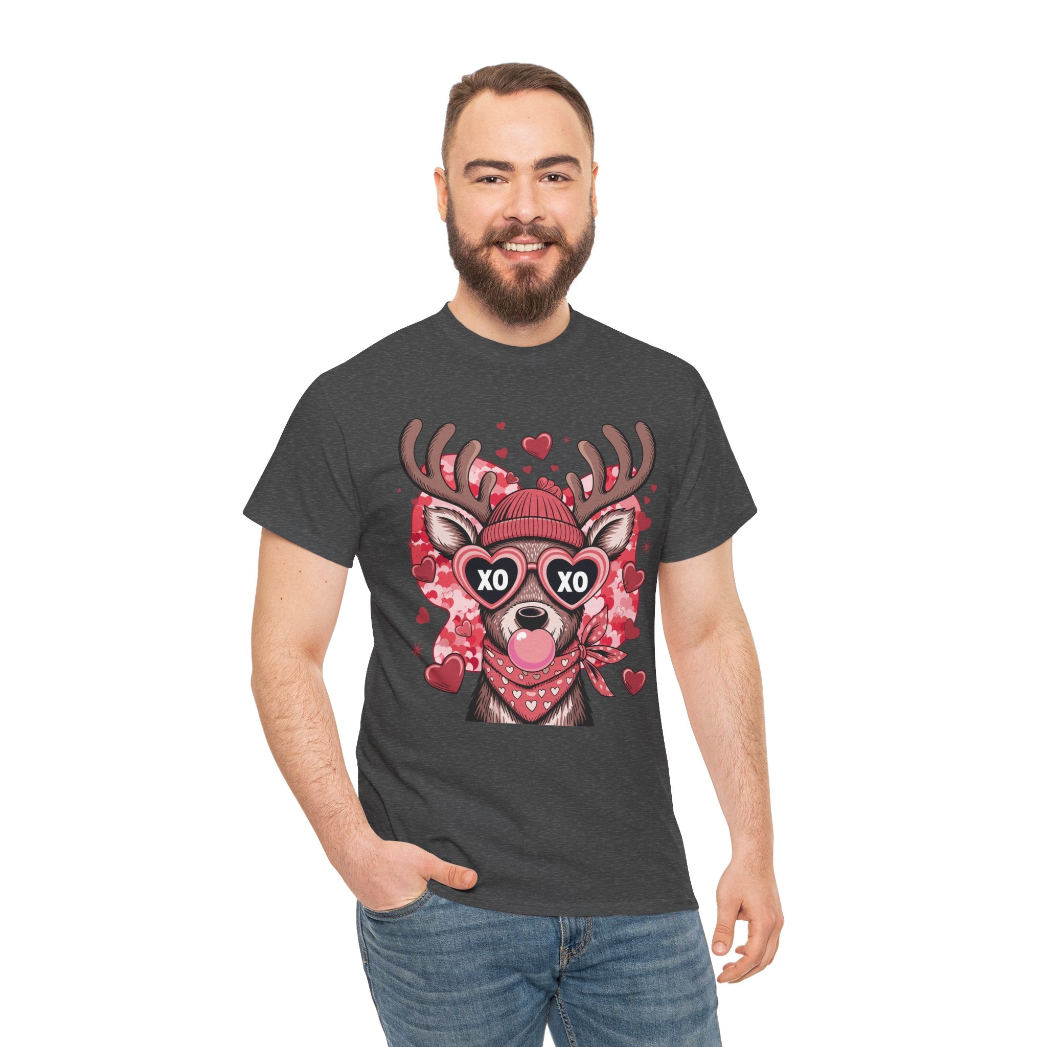Valentine Deer Tee — Cute XO Heart Glasses, Beanie & Scarf Unisex Cotton Tshirt