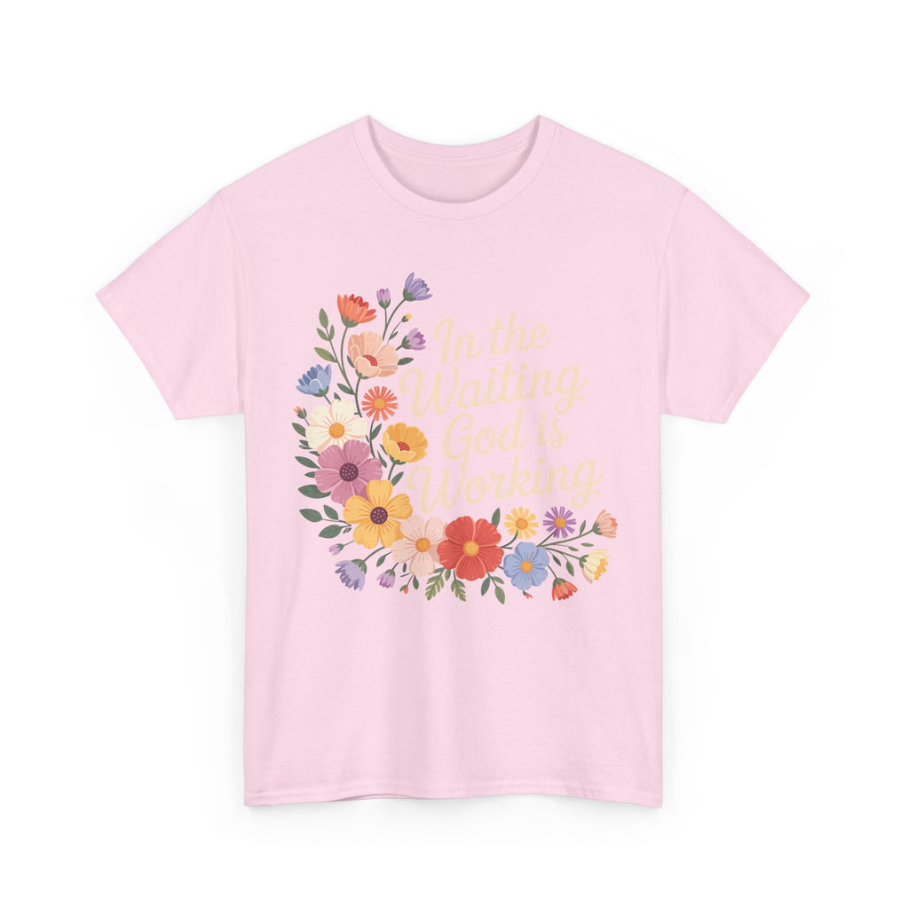 Pastel Floral “In the Waiting God Is Working” Unisex Cotton T-Shirt