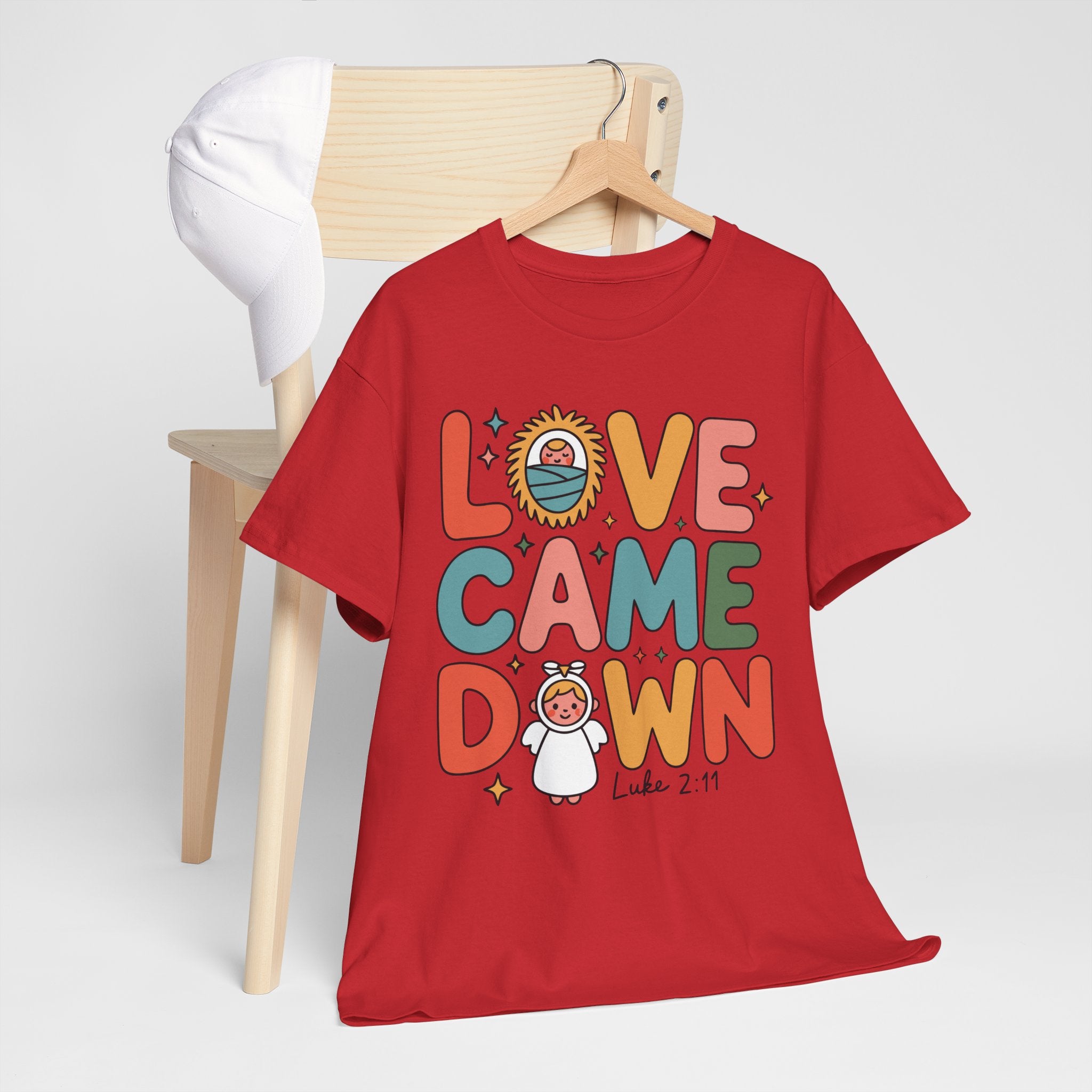 Love Came Down Christmas Tee — Baby Jesus Manger Angel (Luke 2:11)..Unisex Cotton Tee