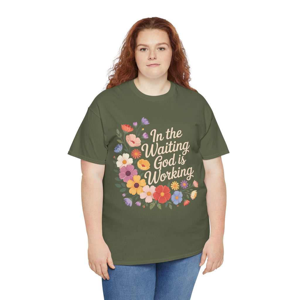 Pastel Floral “In the Waiting God Is Working” Unisex Cotton T-Shirt