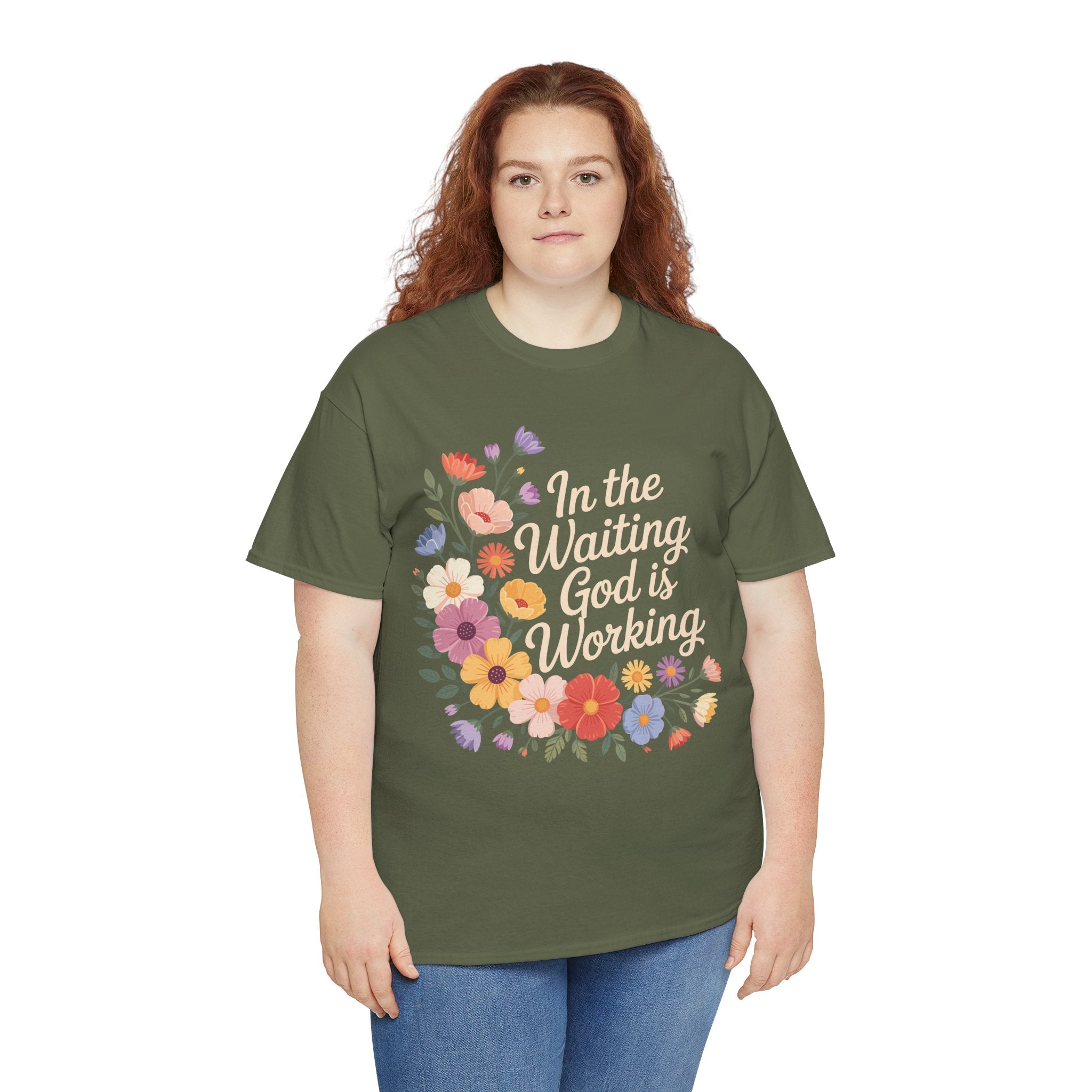 Pastel Floral “In the Waiting God Is Working” Unisex Cotton T-Shirt