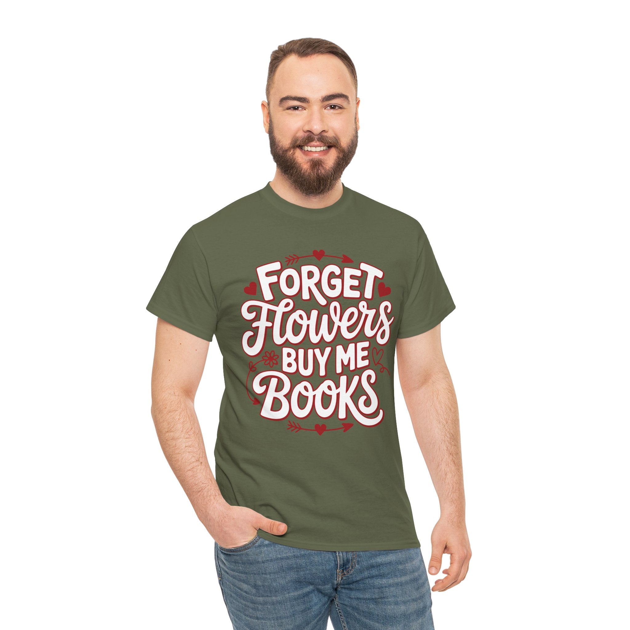 Forget Flowers Buy Me Books T-Shirt — Pink Heart Typography Unisex Cotton Tee