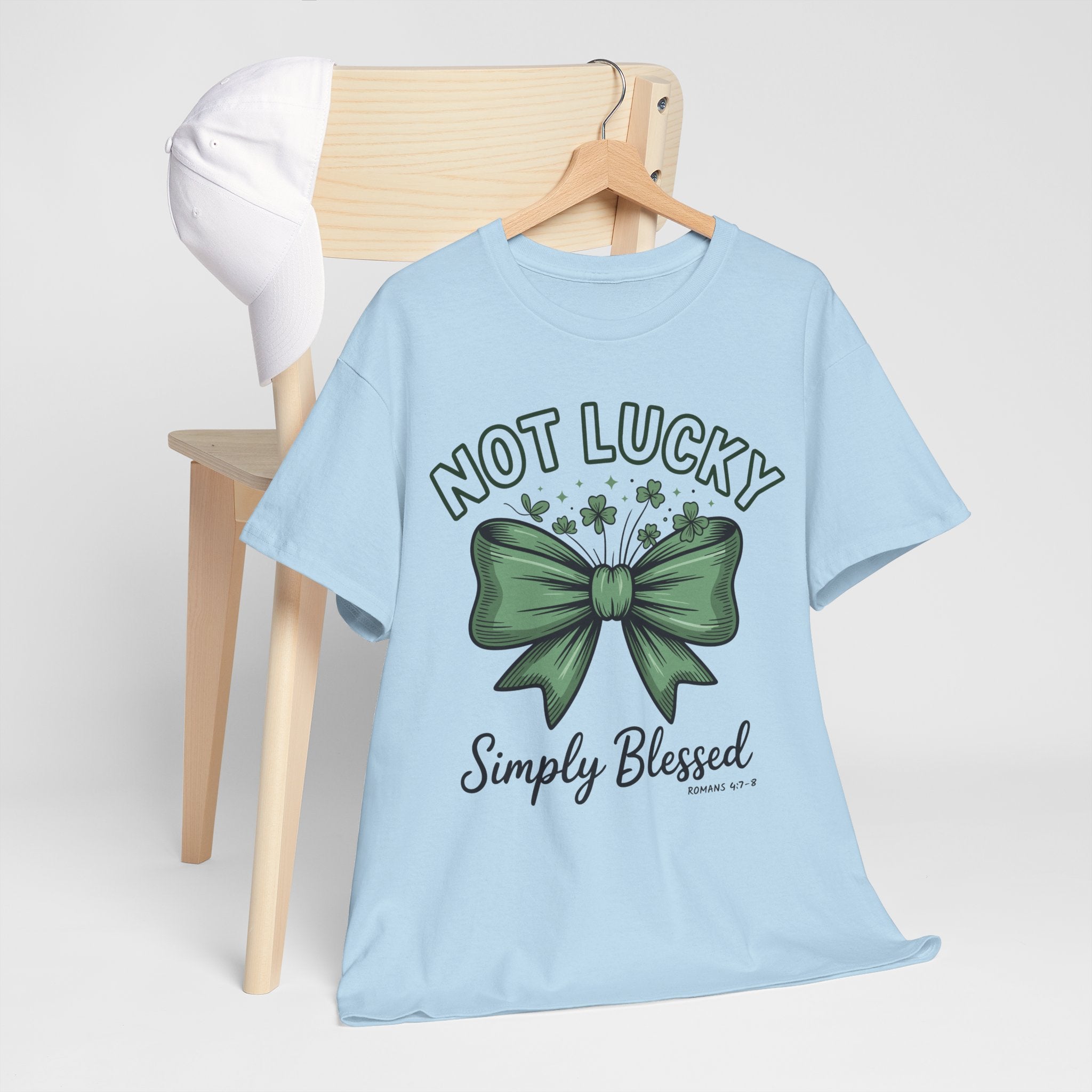 Not Lucky, Simply Blessed T-Shirt — Green Bow & Clovers St. Patrick’s Unisex Cotton Tee