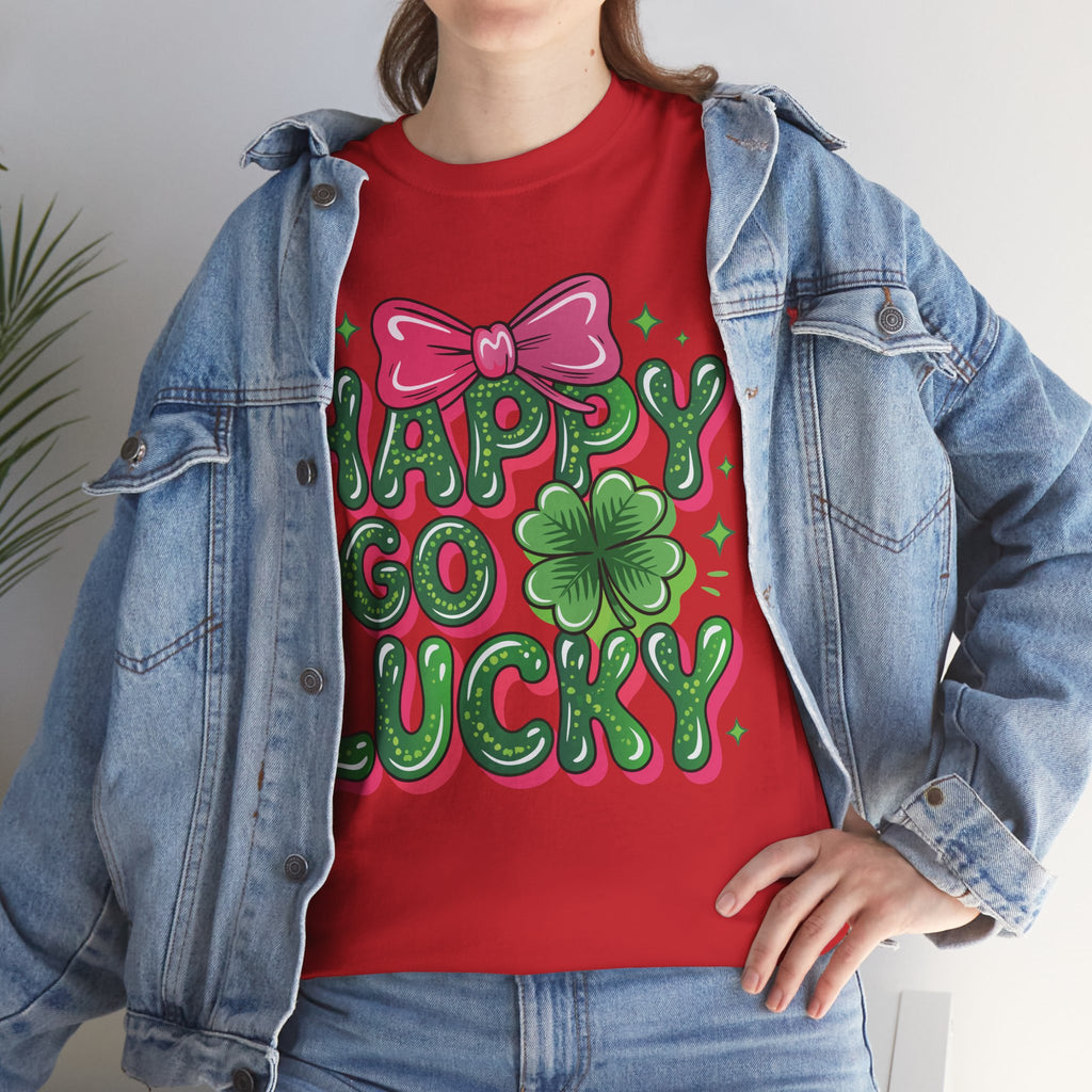 Happy Go Lucky Four-Leaf Clover Tee — Glossy Green Letters & Pink Bow Unisex Cotton Tee