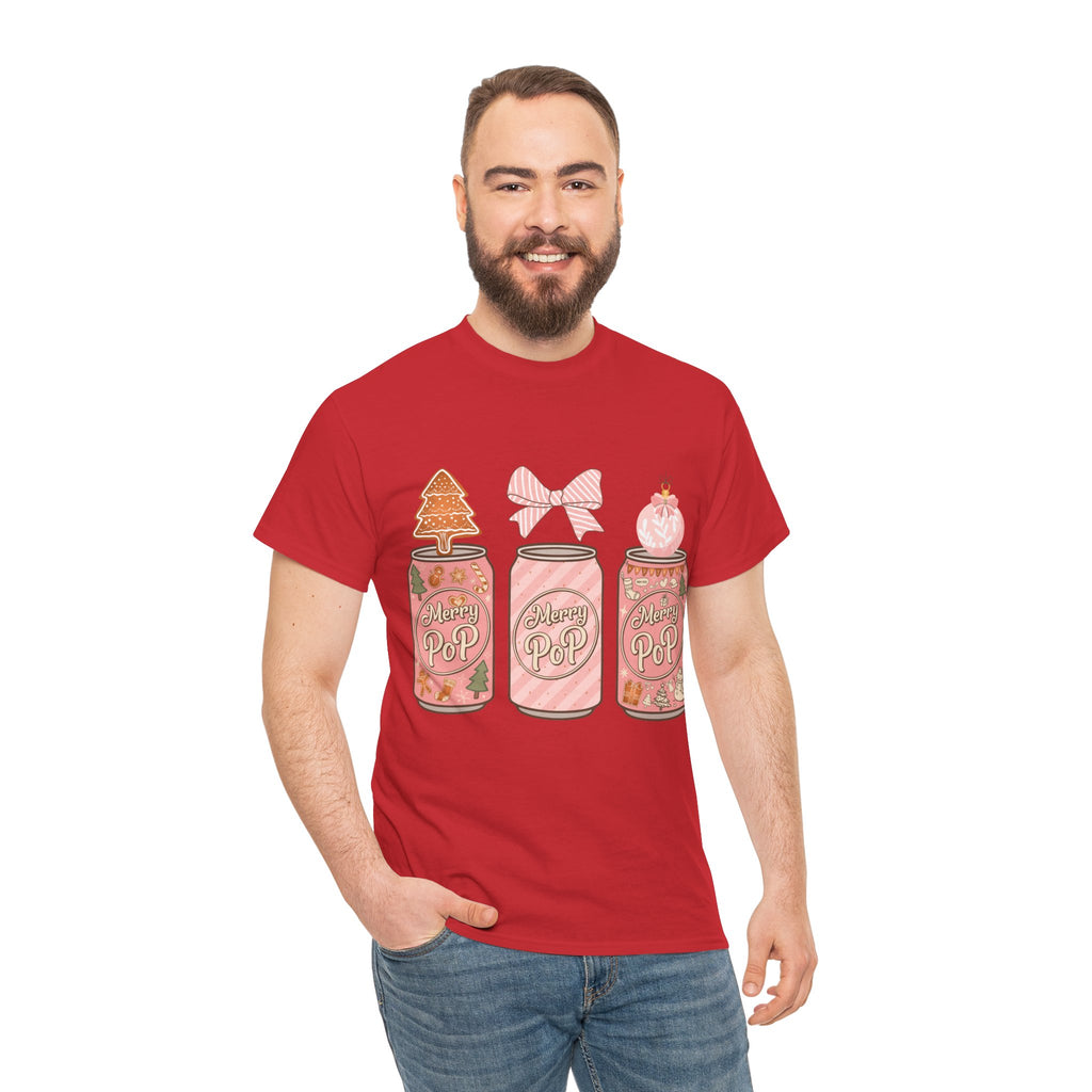 Merry Pop Christmas Soda Can Tee — Pastel Holiday Graphic Unisex Cotton T-Shirt