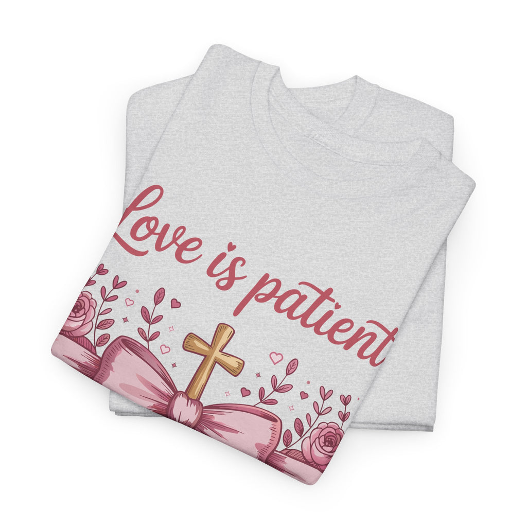 Christian Floral Tee — "Love is Patient, Love is Kind" Pink Rose Cross. Unisex Cotton Tee