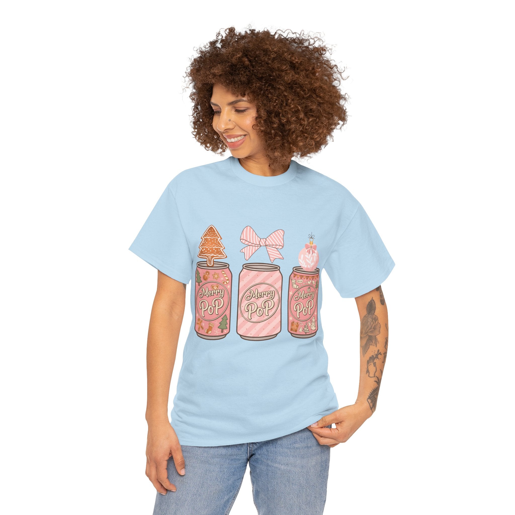 Merry Pop Christmas Soda Can Tee — Pastel Holiday Graphic Unisex Cotton T-Shirt