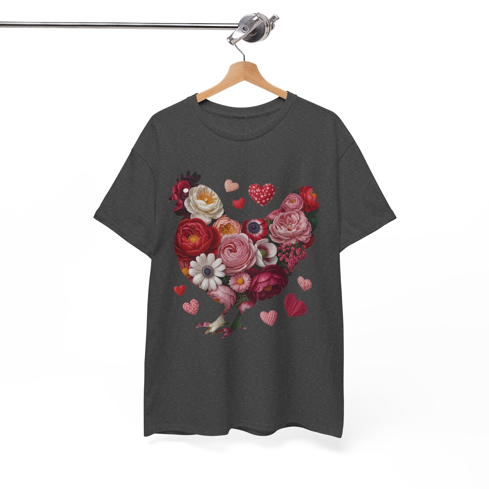 Floral Chicken Heart Tee — Red & Pink Flower Silhouette Unisex Cotton Tee