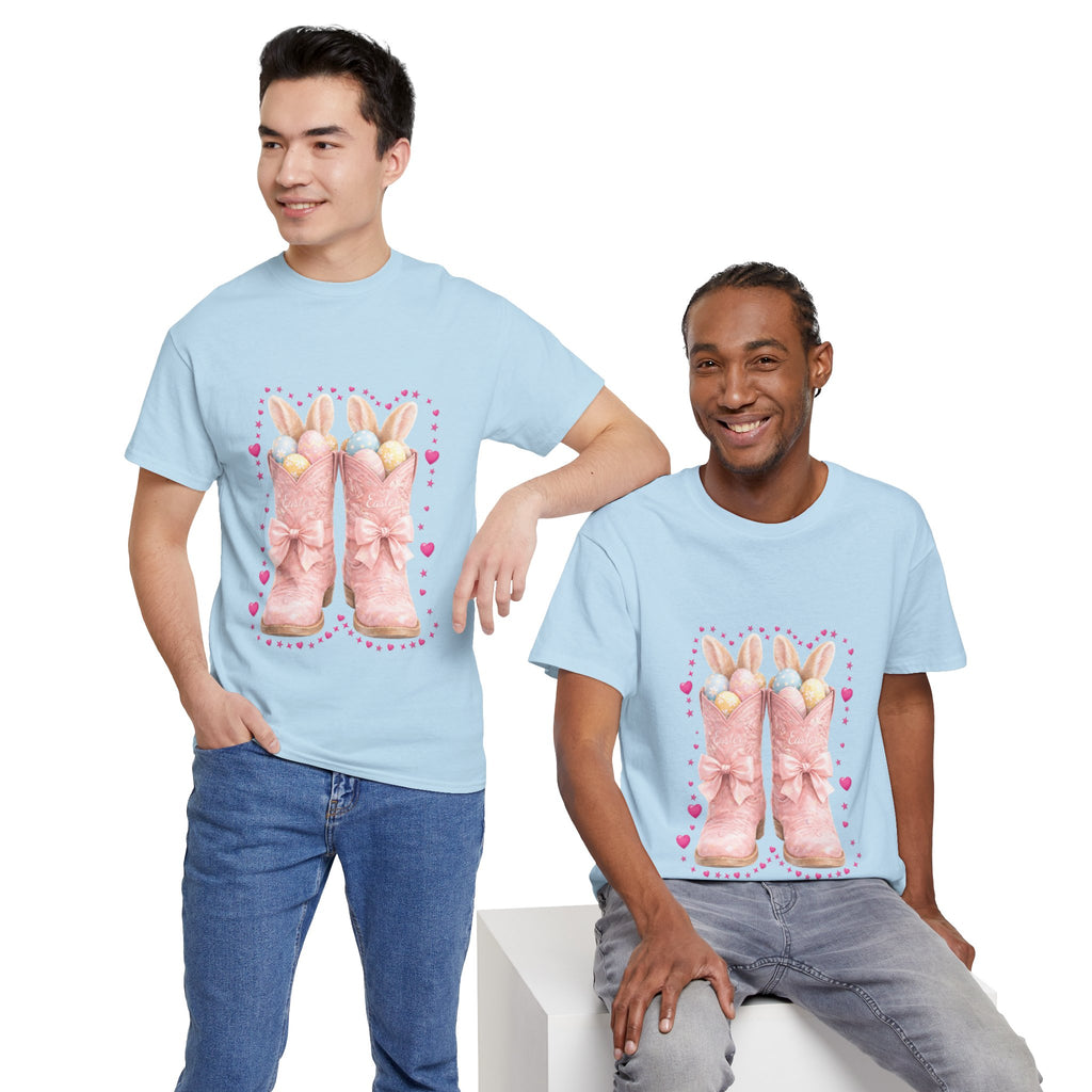 Easter Pink Western Boots Tee — Pastel Bunny Eggs & Bows Unisex Cotton Tee