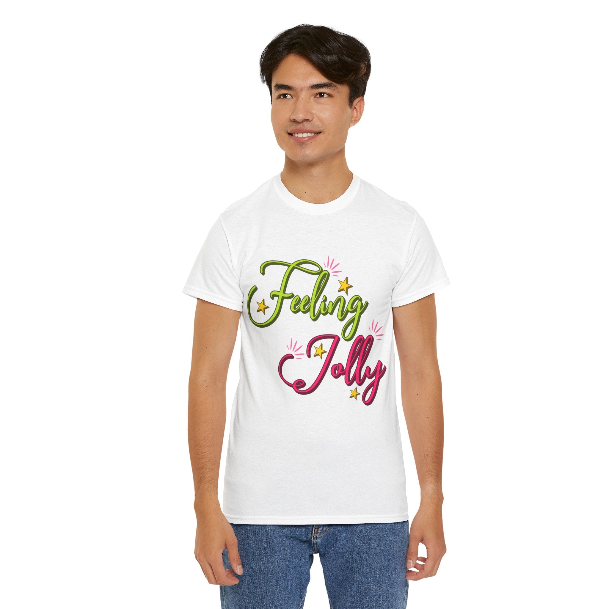 Feeling Jolly Tee — Festive Green & Pink Script with Yellow Stars Unisex Cotton Tee