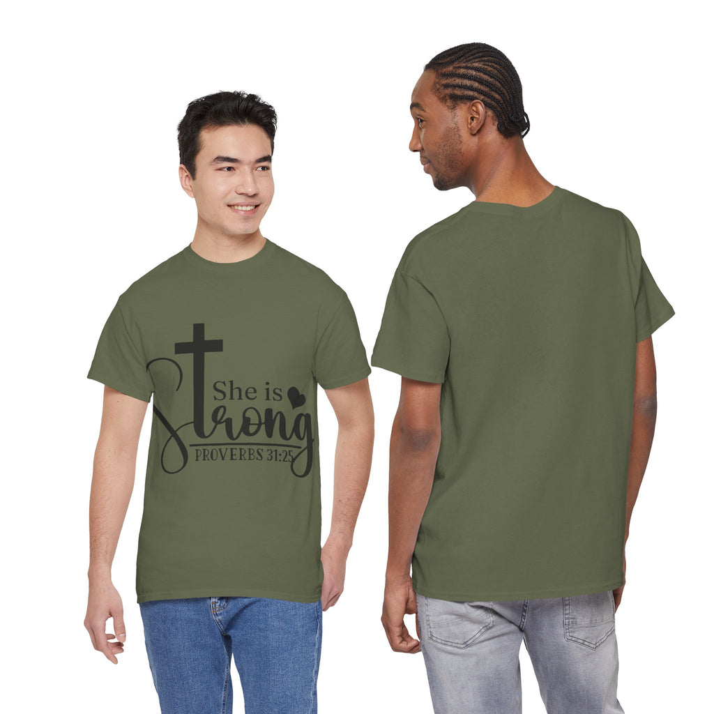 Proverbs 31:25 'She is Strong' T-Shirt – Christian Cross & Heart Unisex Cotton Tee