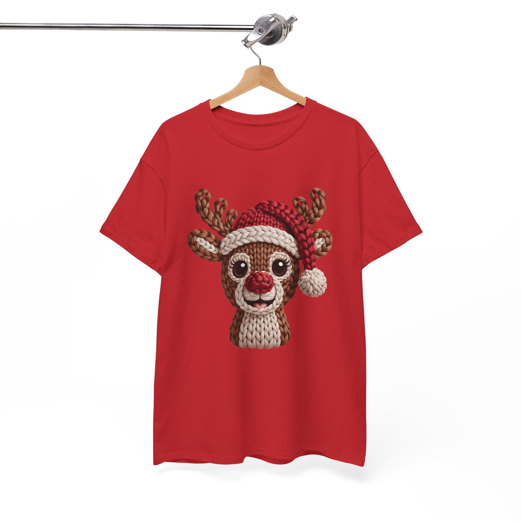 Reindeer in Santa Hat Cotton Tee — Joyful Faux-Yarn Holiday Unisex Coton T-Shirt