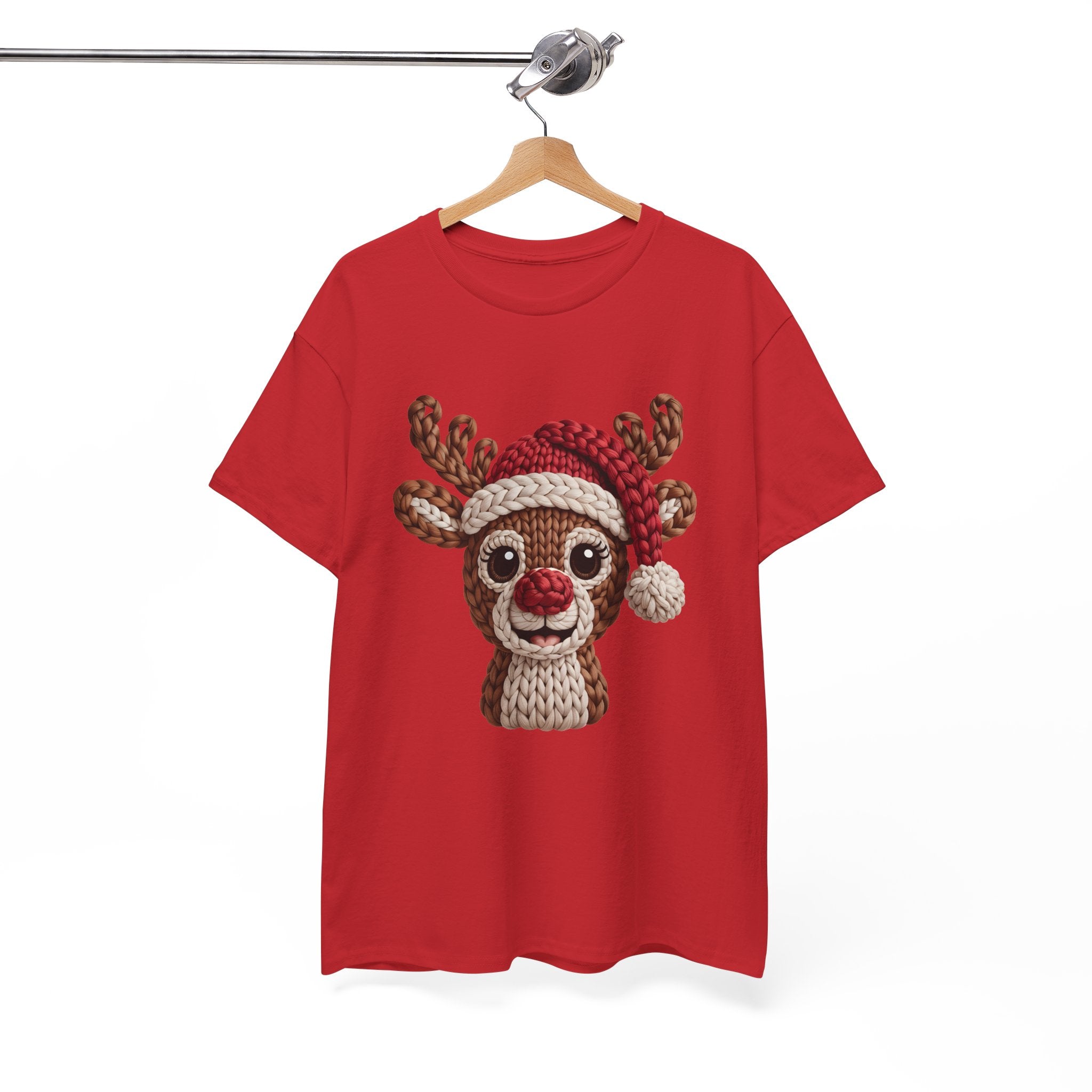 Reindeer in Santa Hat Cotton Tee — Joyful Faux-Yarn Holiday Unisex Coton T-Shirt
