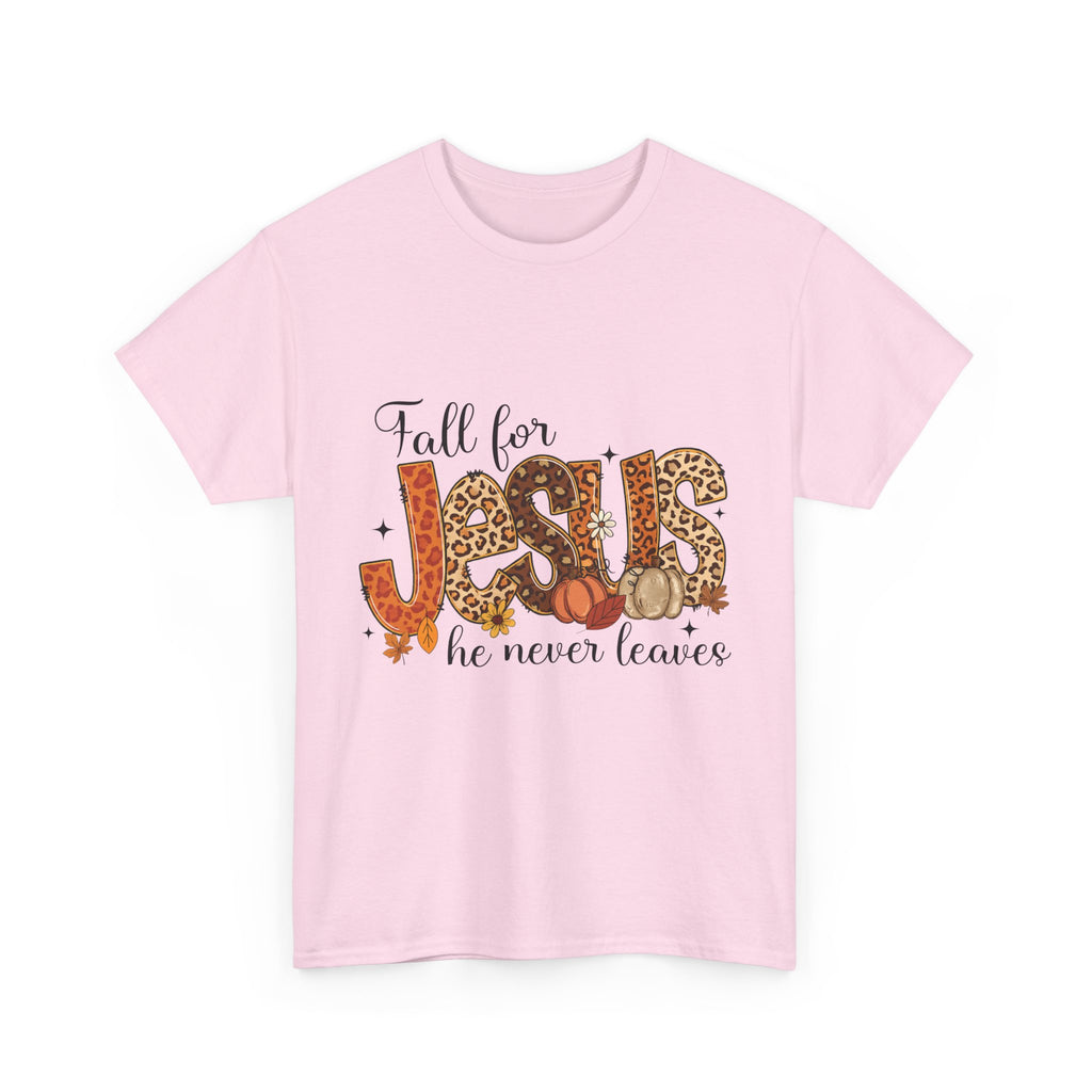 JESUS Leopard Print Fall T-Shirt — Pumpkins, Leaves & Floral Christian Unisex Cotton Tee