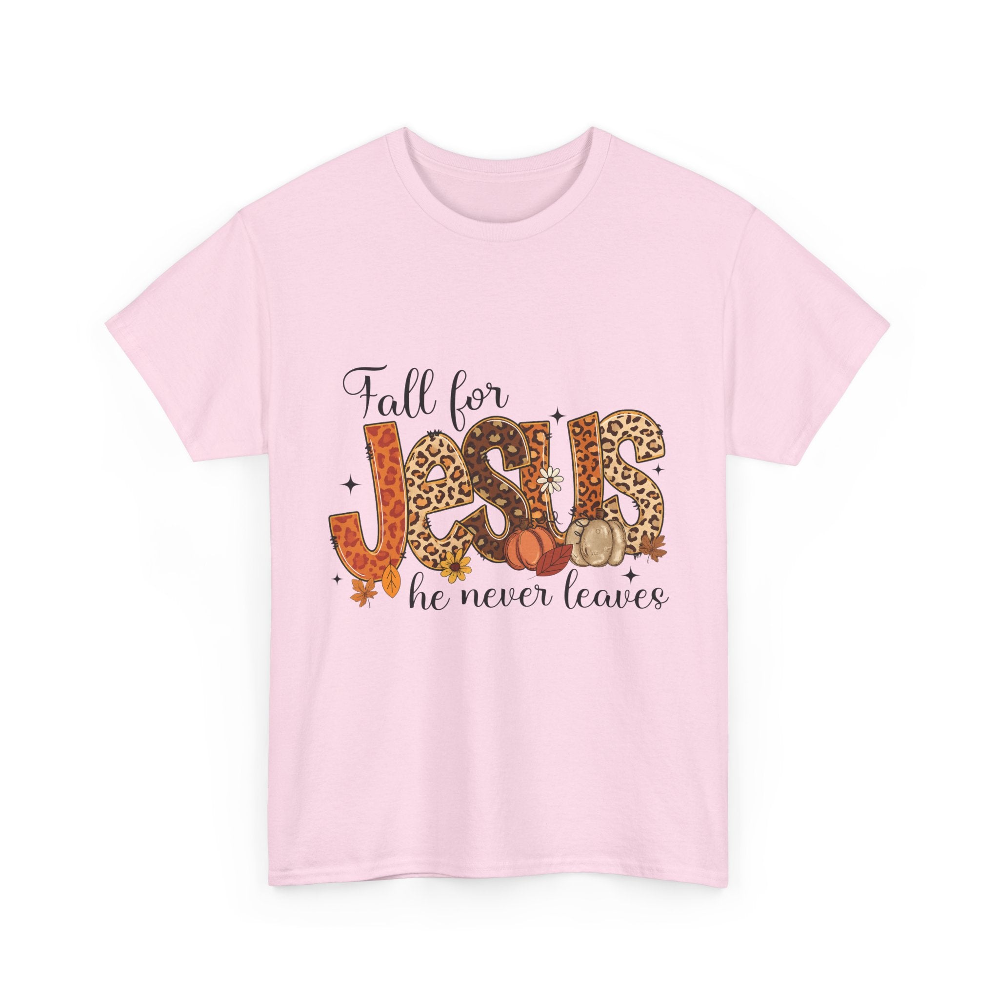 JESUS Leopard Print Fall T-Shirt — Pumpkins, Leaves & Floral Christian Unisex Cotton Tee