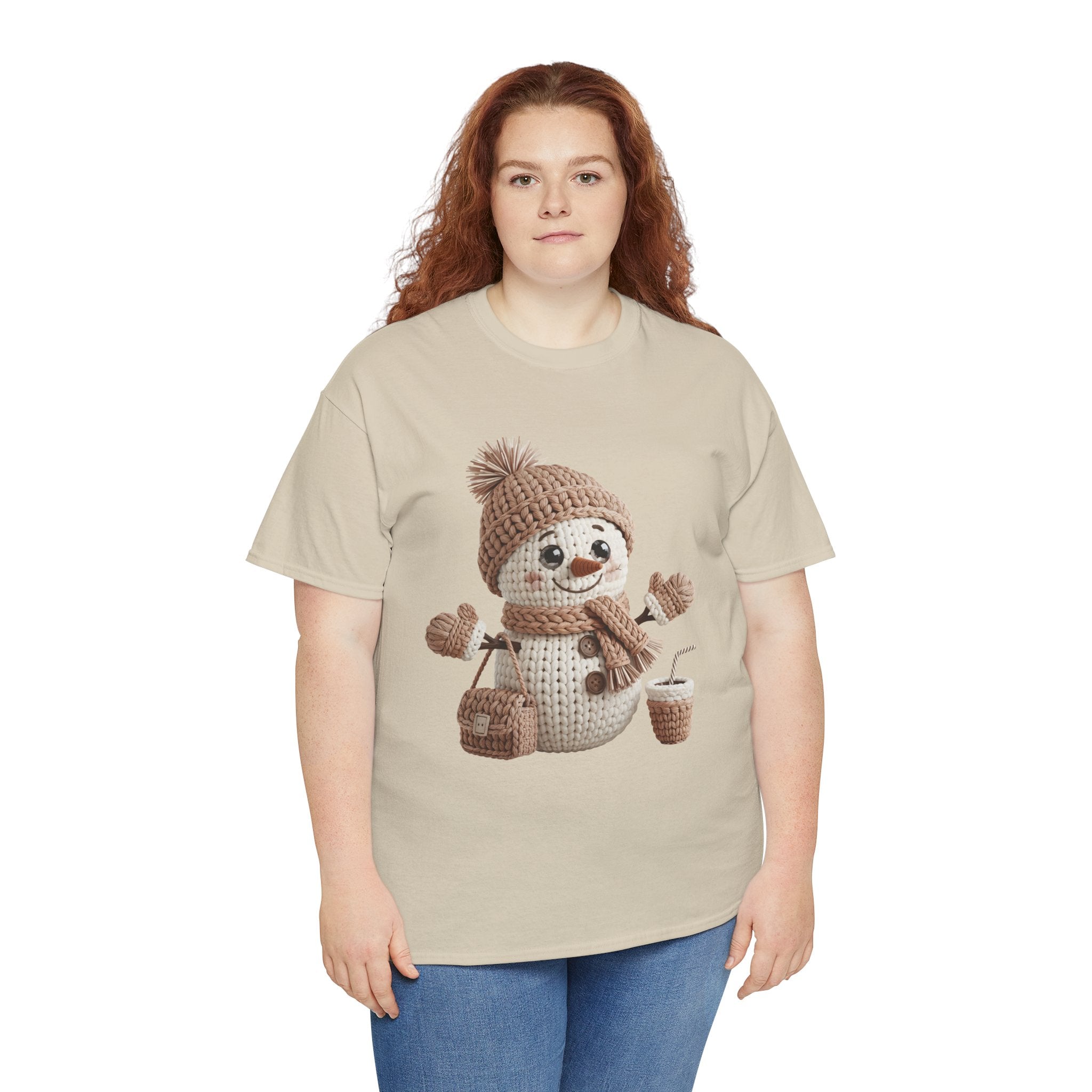 Snowman Knit‑Style Graphic Tee — Cute Faux‑Yarn Snowman with Hat, Scarf & Mittens.Unisex Cotton Tee