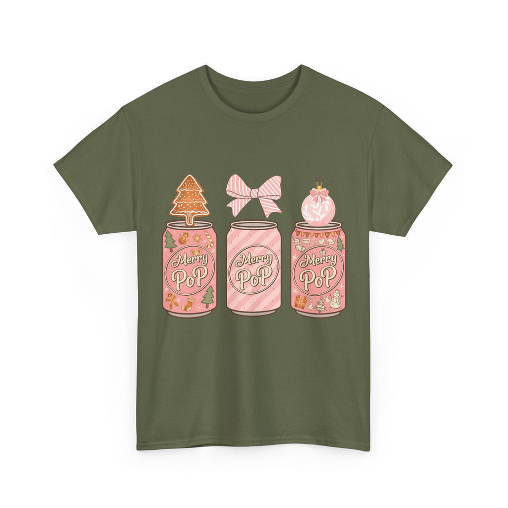 Merry Pop Christmas Soda Can Tee — Pastel Holiday Graphic Unisex Cotton T-Shirt