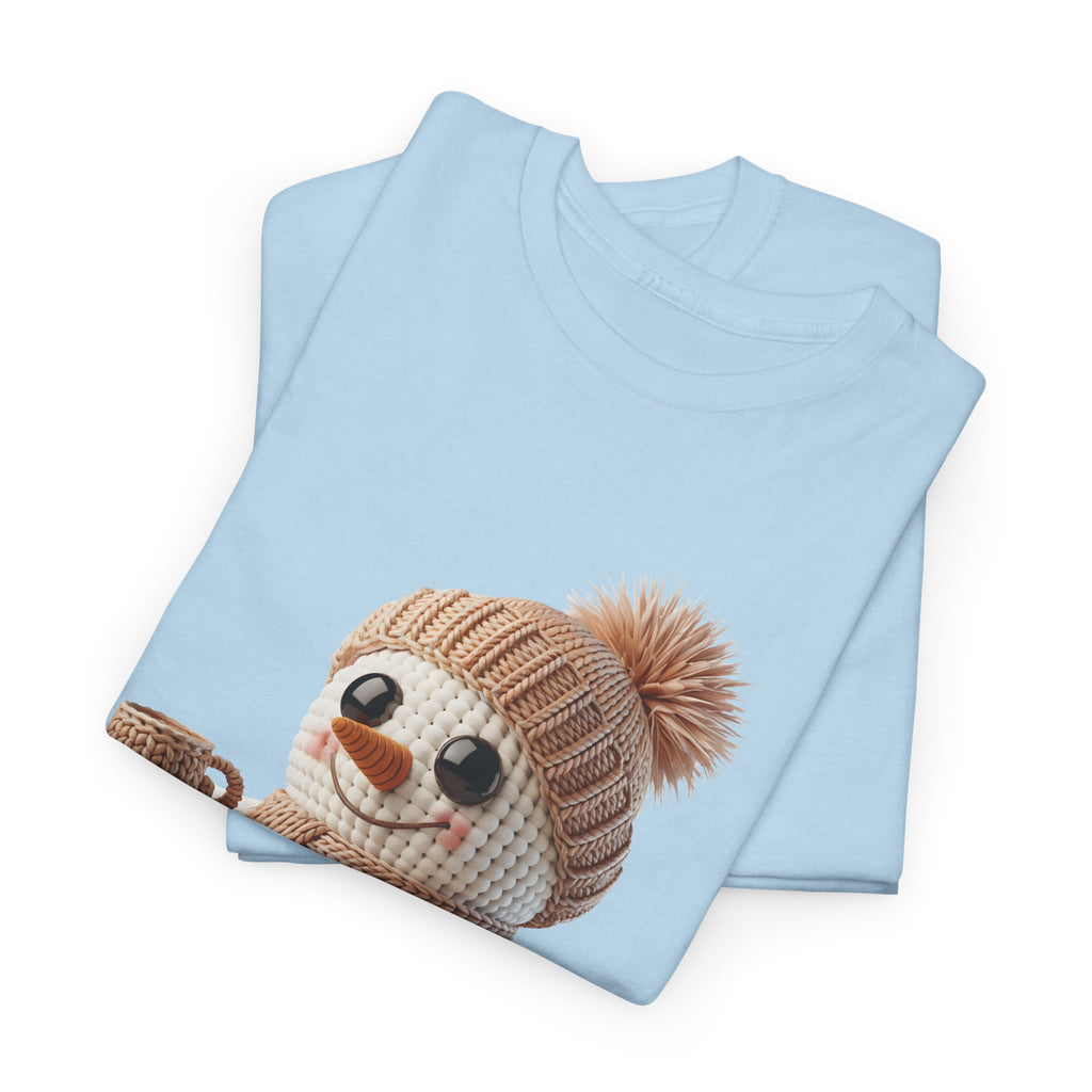 Cozy Snowman Tee — Smiling Snowman with Mug, Scarf & Beanie. Unisex Cotton Tee