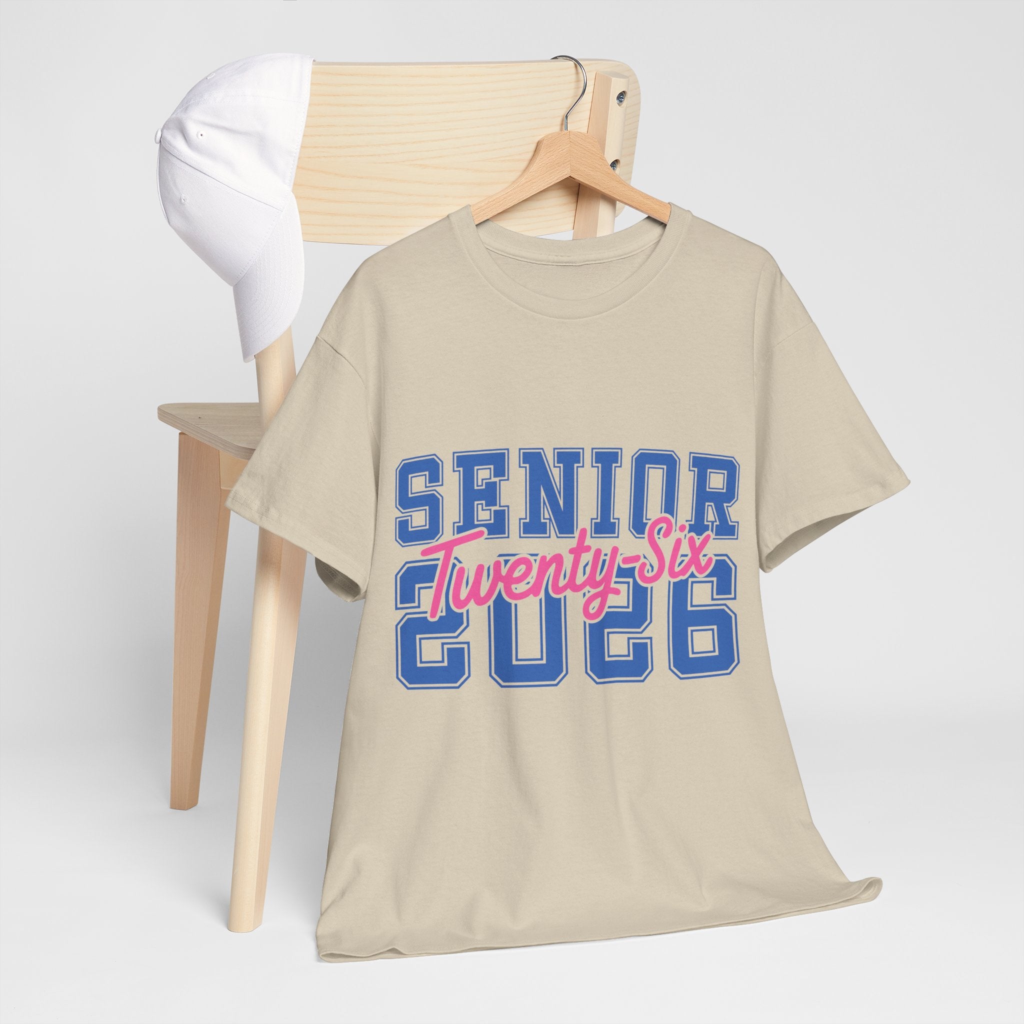 Senior 2026 Tee — Pink Varsity Block with Blue Script Overlay Unisex Cotton Tee