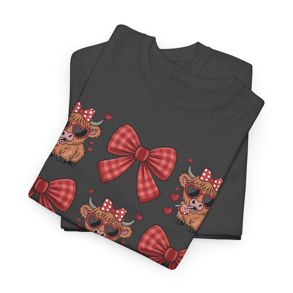 Valentine Cow Checkered Tee — Fluffy Cows with Heart Sunglasses & Red Bows..Unisex Cotton Tee