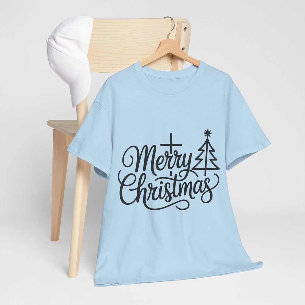 Merry Christmas Script T-Shirt with Cross & Tree(Unisex Cotton Tee)