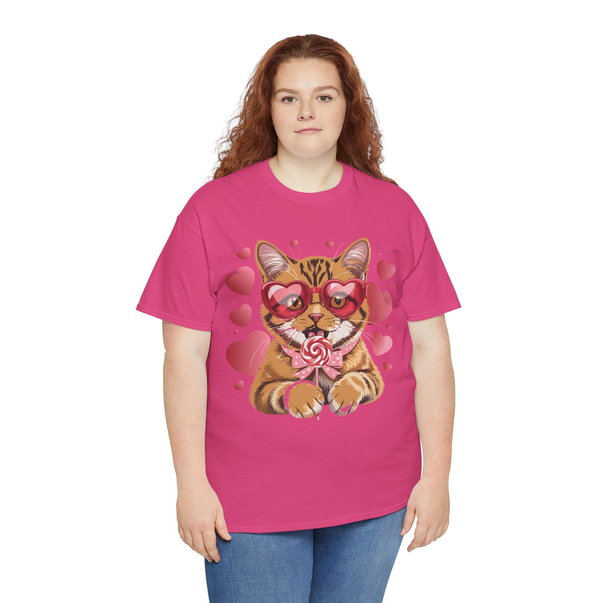 Valentine Cat Tee — Heart Glasses, Lollipop Bow Unisex Cotton Tee