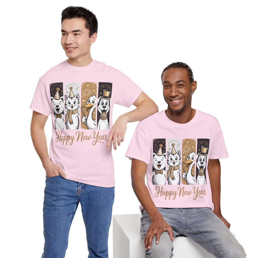 Happy New Year Party Animals T-Shirt — Cute Smiling Animals in Party Hats & Gold Fireworks..Unisex Cotton Tee