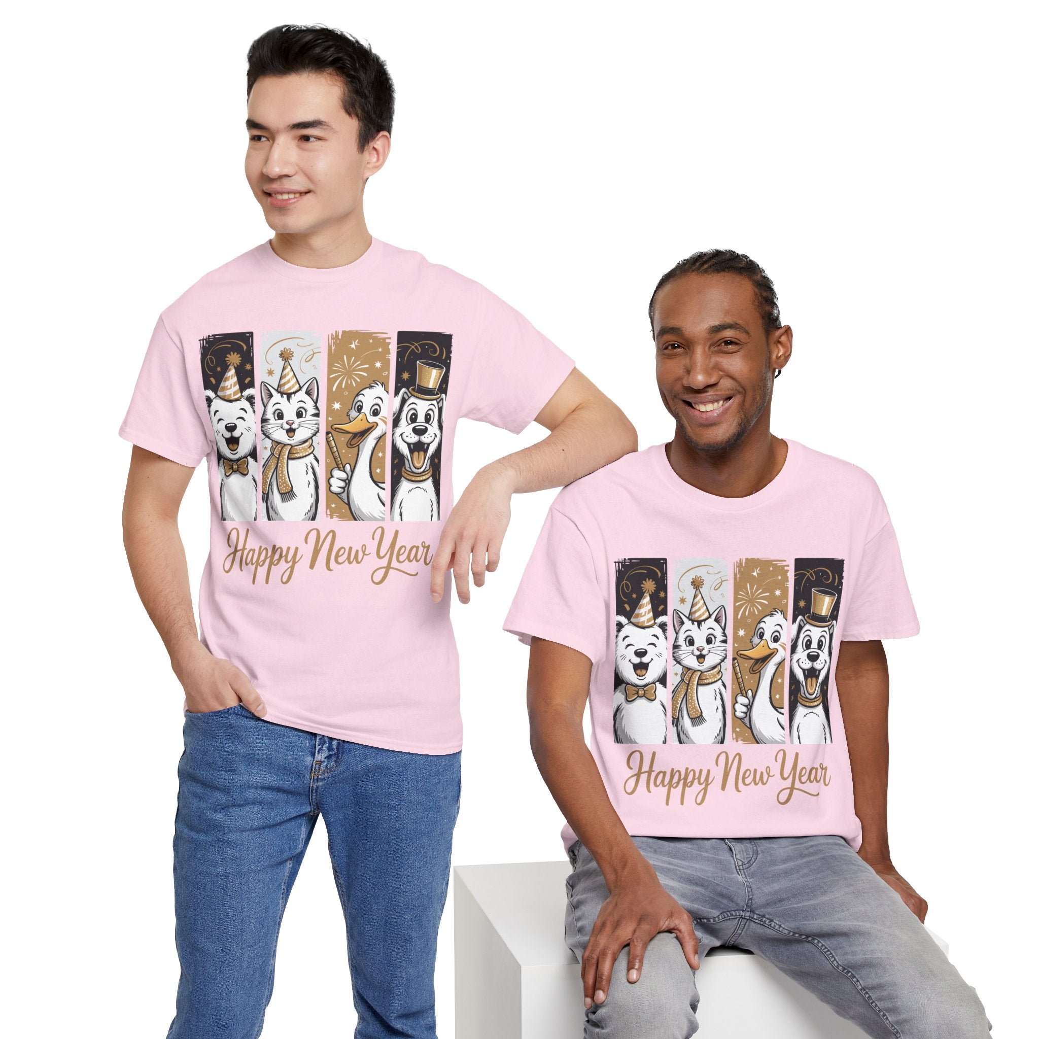 Happy New Year Party Animals T-Shirt — Cute Smiling Animals in Party Hats & Gold Fireworks..Unisex Cotton Tee