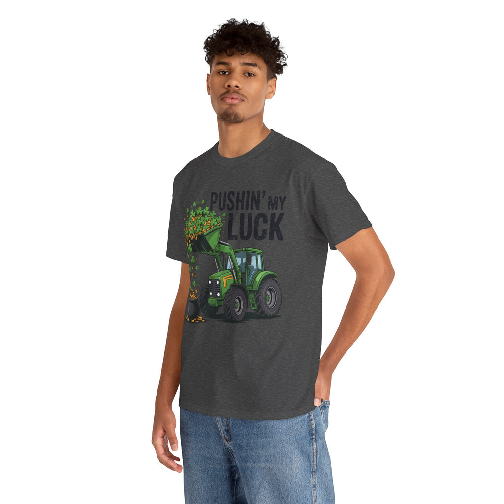 Pushin' My Luck Shamrock Tractor Tee — St. Patrick's Day Unisex Cotton T-Shirt