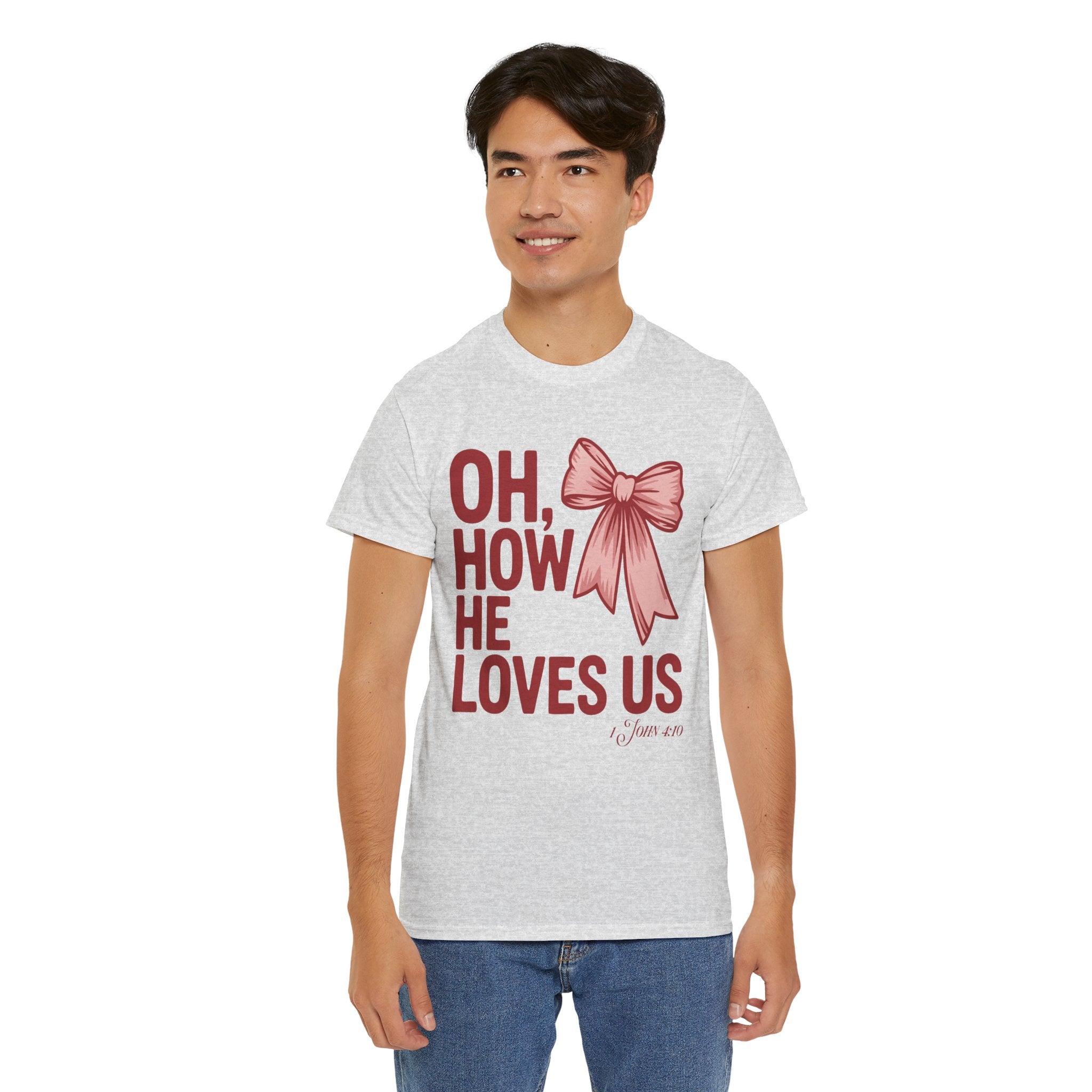 Oh, How He Loves Us Christian Valentine Tee — 1 John 4:10 Red & Pink Unisex Cotton Tee