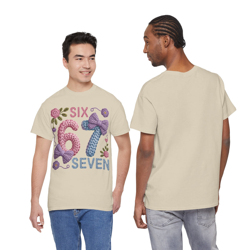 Pastel Crochet Numbers 6 & 7 Tee — Faux-Yarn Bows & Flowers. Unisex Cotton Tee