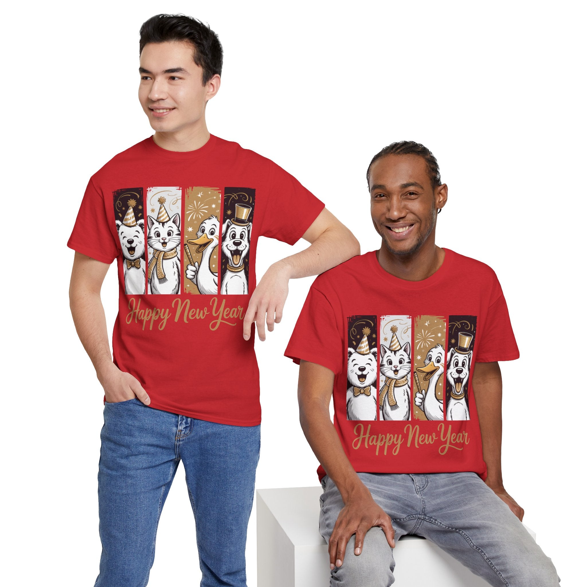 Happy New Year Party Animals T-Shirt — Cute Smiling Animals in Party Hats & Gold Fireworks..Unisex Cotton Tee