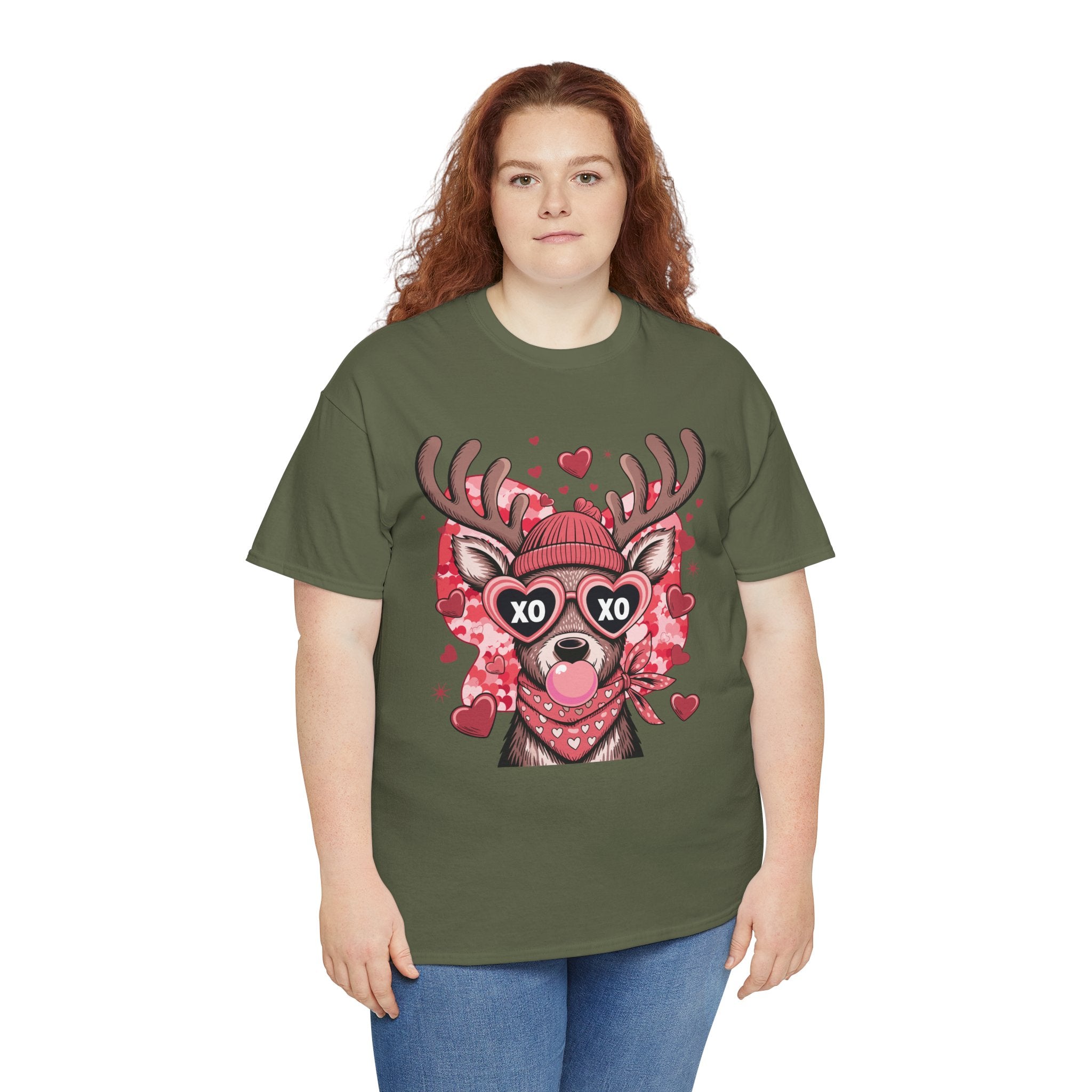 Valentine Deer Tee — Cute XO Heart Glasses, Beanie & Scarf Unisex Cotton Tshirt