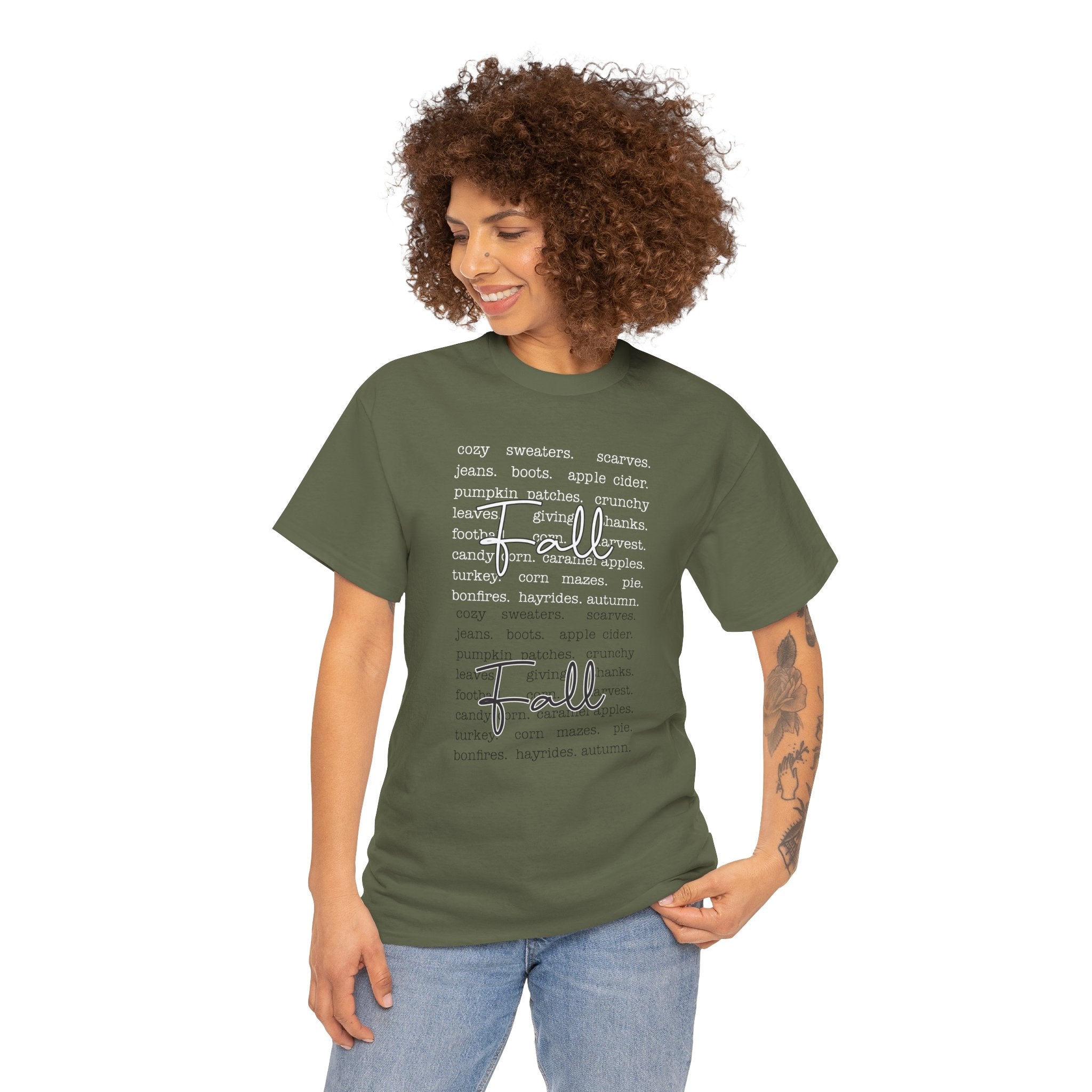 Fall Cursive Typography T-Shirt — Sweaters, Cider & Pumpkins. Unisex Cotton Tee