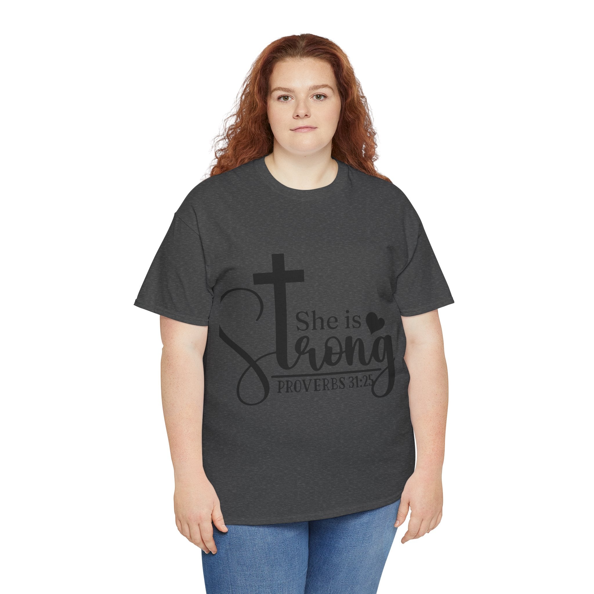 Proverbs 31:25 'She is Strong' T-Shirt – Christian Cross & Heart Unisex Cotton Tee