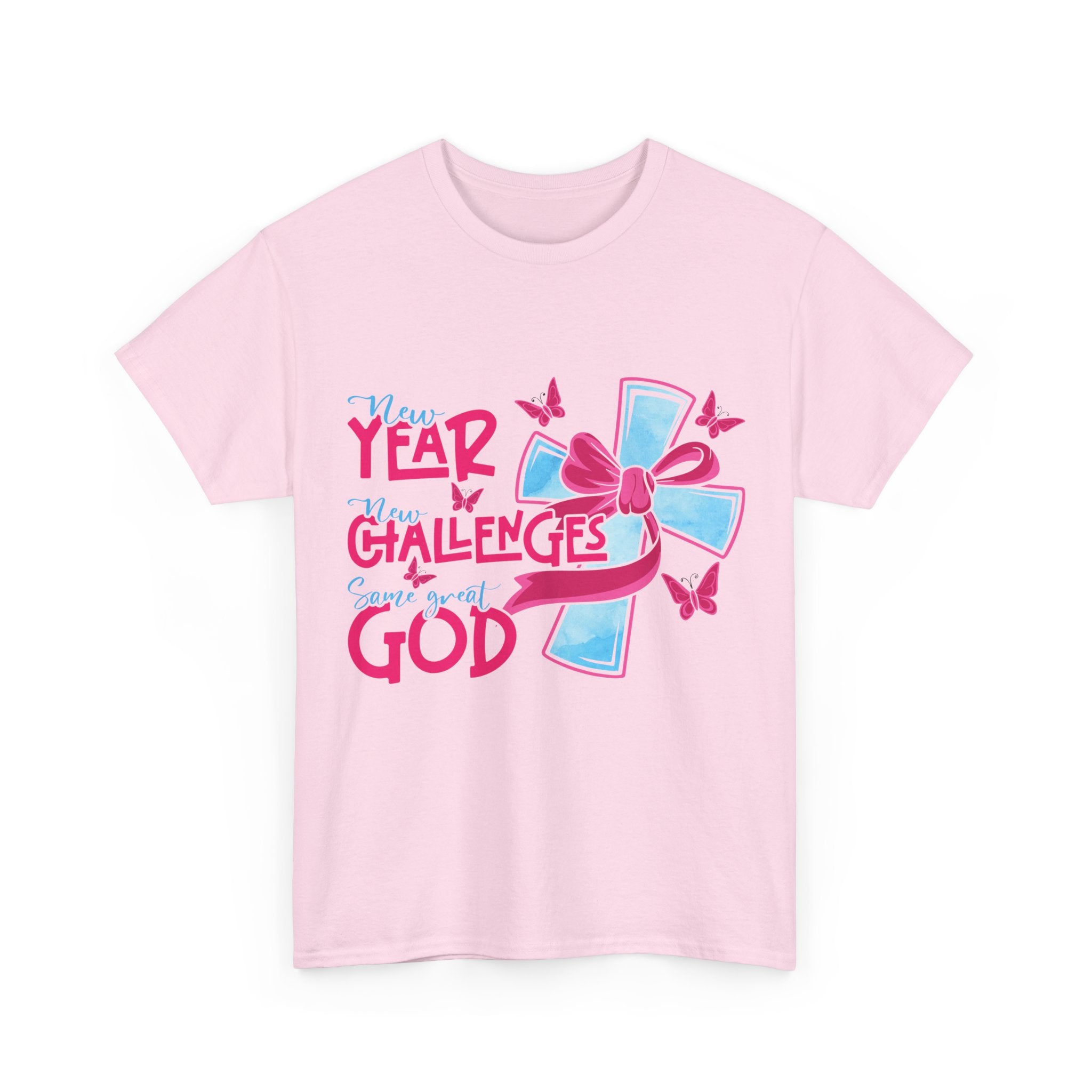 Christian T-Shirt — “New Year, New Challenges, Same Great God” with Pink Bow Cross & Butterflies. Unisex Cotton Tee