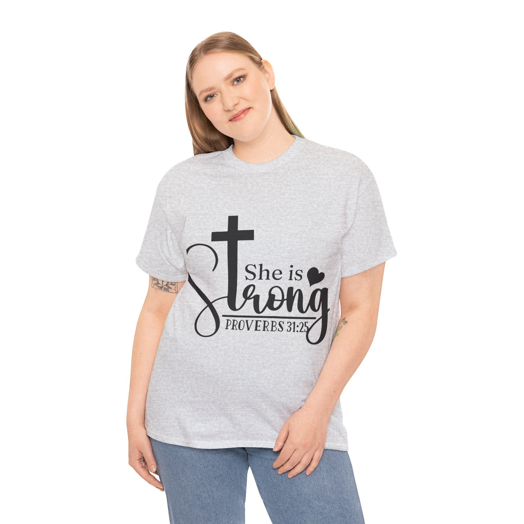 Proverbs 31:25 'She is Strong' T-Shirt – Christian Cross & Heart Unisex Cotton Tee
