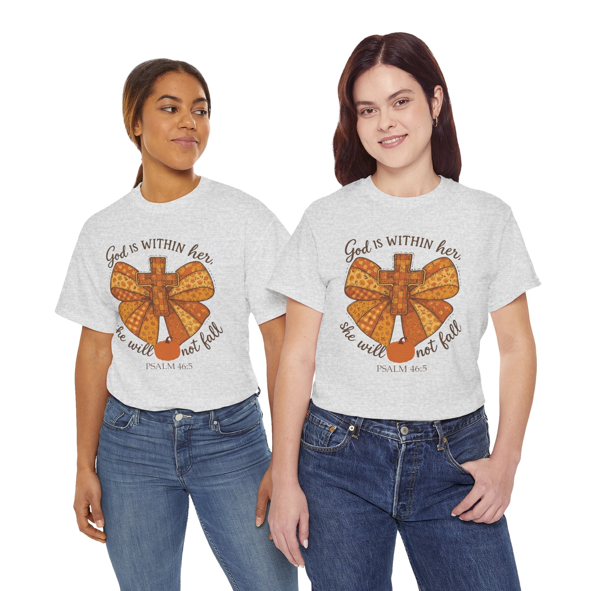 Psalm 46:5 Cross Patchwork Tee — Fall Bow Christian Unisex Cotton T-Shirt