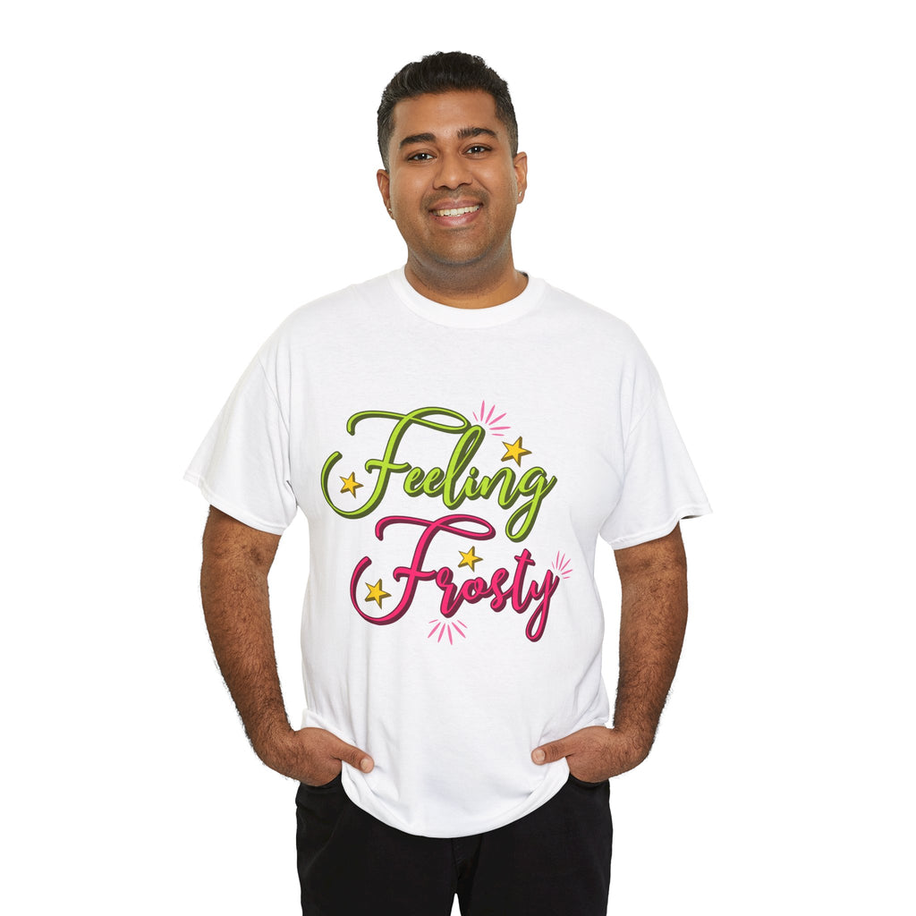 Feeling Frosty Holiday T-Shirt — Green & Pink Script Stars.Unisex Cotton Tee