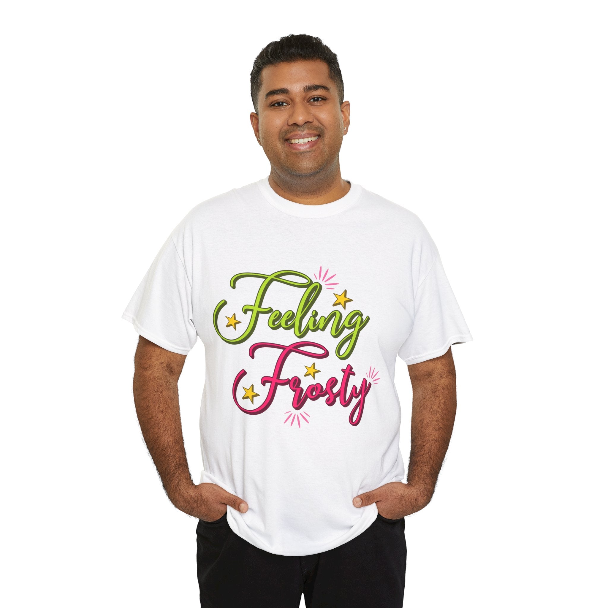Feeling Frosty Holiday T-Shirt — Green & Pink Script Stars.Unisex Cotton Tee