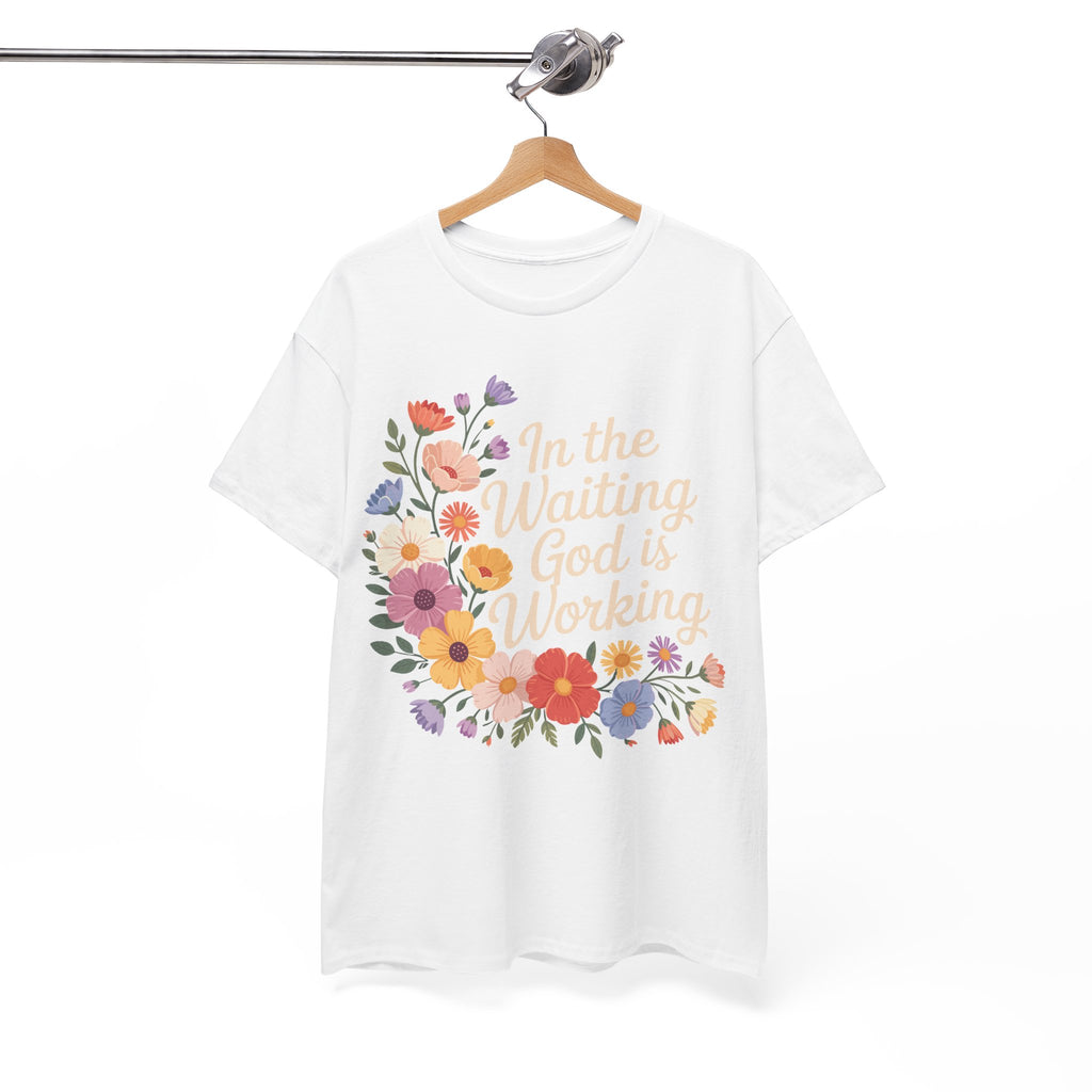 Pastel Floral “In the Waiting God Is Working” Unisex Cotton T-Shirt